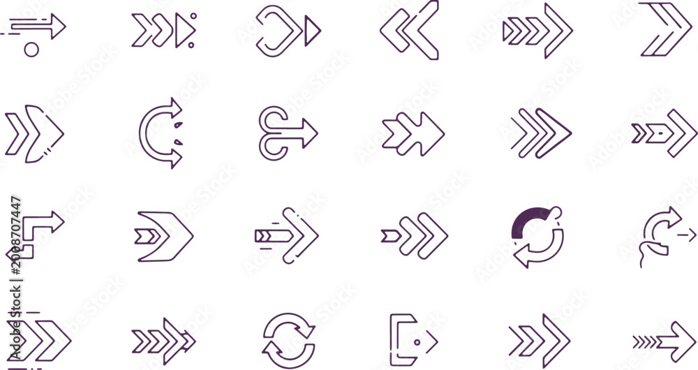 Fototapeta premium Abstract purple outline arrow and symbol icons on transparent background for graphic design.