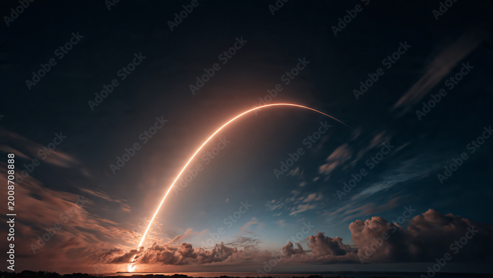 Obraz premium Long exposure of rocket launch trajectory forming bright orange arc against dark cloudy night sky, concept for space exploration, technology