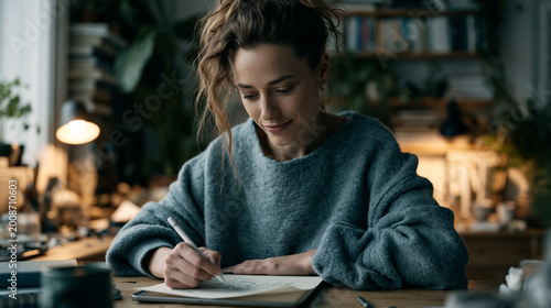 Creative solopreneur sketching ideas on a tablet in a cozy home studio.