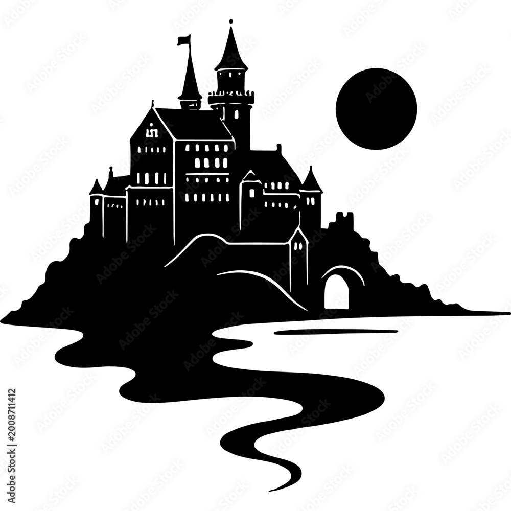 Obraz premium Medieval castle on a mountain cliff. Engraving minimalistic vector in black ink drawing on transparent background
