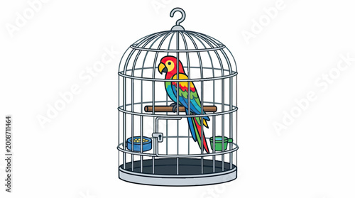 Colorful Parrot Perched Inside a Decorative Bird Cage.