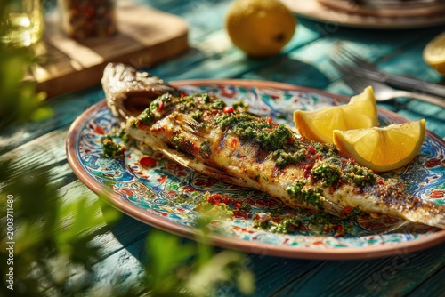 Grilled sea bass with chermoula sauce