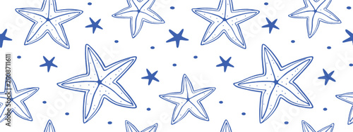 Seamless starfish pattern in blue line art on light background for coastal  Minimal marine illustration with playful sea stars. Clean ocean themed repeat design ideal for textiles, wallpaper, 