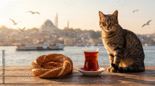 Traditional Turkish Simit and Tea with an Istanbul Cat by the Bosphorus