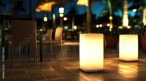 Glowing lanterns illuminate outdoor dining area at dusk with tables and chairs