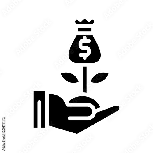 Quadro su tela Investment finance concept with hand holding plant and money bag flower