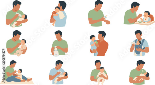 Foto Set of father feeding caring and holding baby with bottle and spoon in daily nur
