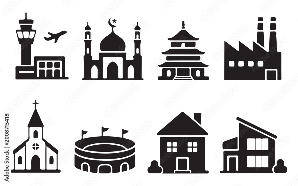 Fototapeta premium Building icons set black silhouettes of various architectural landmarks on white background