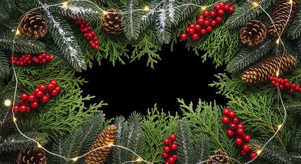 Christmas wreath frame made of green pine branches, red holly berries, and brown pinecones with glowing fairy lights on a black background