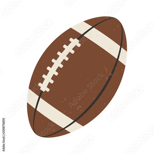 Brown american football ball with textured surface, white stripes and laces. Flat vector illustration isolated on light background.