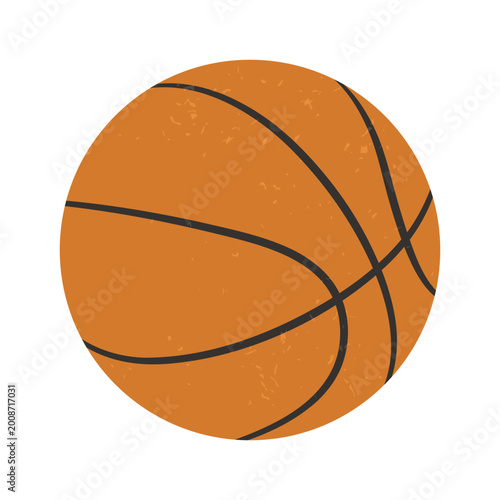 Vector illustration of orange basketball ball with curved black lines and textured surface in retro flat style isolated on a white background.