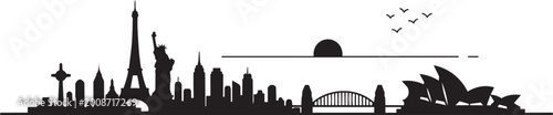 Foto Black and white of a cat whisker pattern with geometric shapes and city skyline