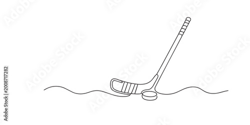 Quadro em tela One line drawing of hockey stick and ball