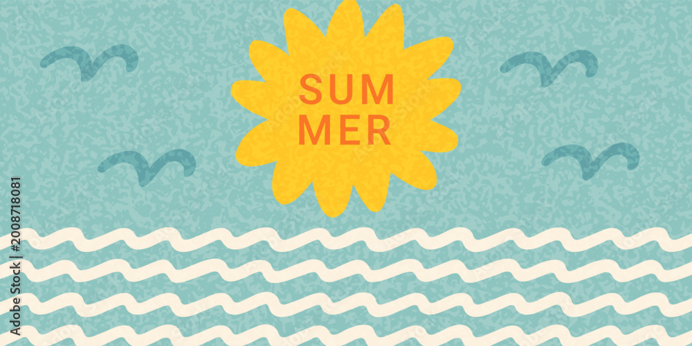Naklejka premium Summer horizontal poster, cover, banner, card with doodle sun and wave sea. Summer holidays, ocean vacation minimal concept. Coastal travel trendy background. Vector modern illustration.