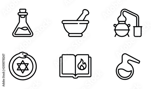 Tableau sur toile vector set of chemistry-related symbols including flask mortar and pestle distil