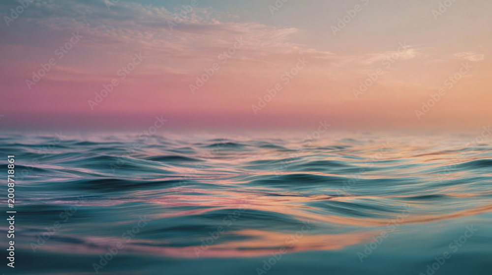 Fototapeta premium Pastel ocean waves at sunset against a soft pink sky and a calm sea horizon, a minimalist seascape