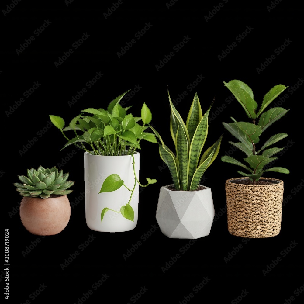 Fototapeta premium Four potted houseplants including a succulent, a pothos, a snake plant, and a fiddle leaf fig arranged in a row against a black background