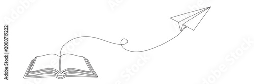 A book with a flying paper airplane drawn with a single continuous line. Educational line symbol. Editable line.