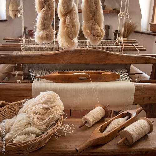 Vintage weaving loom with yarn threads.