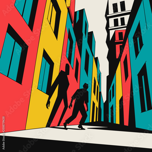 Vibrant Urban Alley with Silhouetted Figures — Pop-Art Style Icon for City Life, Diversity & Street Culture
