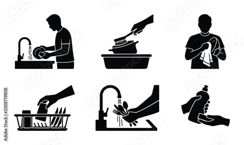 vector set of dishwashing actions on white background