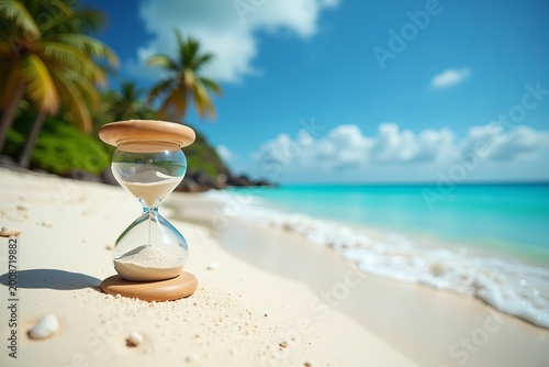 Close-Up Shot of Hourglass Submerging in Sand on Serene Tropical Beach with Palm Trees and Azure Water
