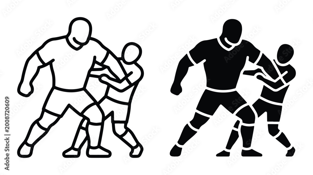 Fototapeta premium two rugby players tackling each other in black and white vector illustration