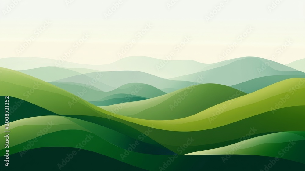 Obraz premium Rolling green hills stretch under a soft sky at dawn near an open landscape in tranquil nature