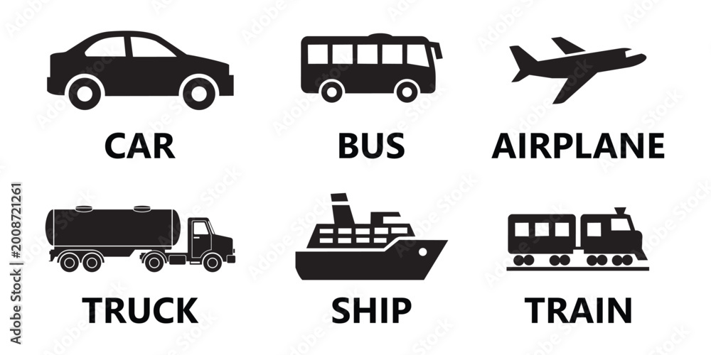 Obraz premium Transportation and vehicle silhouette icons set featuring car, bus, airplane, truck, ship, and train