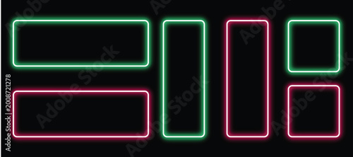 Cuadro en lienzo Collection of rounded neon rectangles in green and magenta on black background,