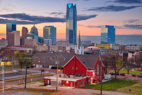 Oklahoma City, Oklahoma, USA. Aerial cityscape image of Oklahoma City skyline at beautiful spring sunrise.