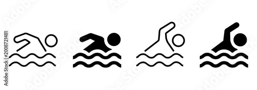 Swimmer sign icon set. Collection of swimming symbols in water with waves. Isolated line and flat style swimming icons.