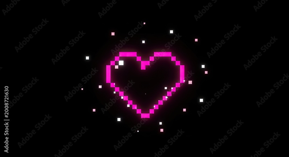 Fototapeta premium Pixelated pink heart surrounded by glowing white dots on a black background