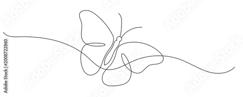 A single continuous line drawing of a flying butterfly logo. Vector illustration. Editable line art.