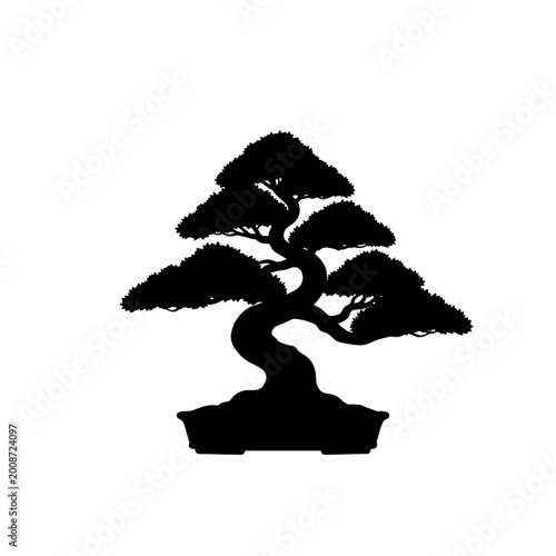 Elegant minimalist depiction of a traditional Japanese bonsai tree layered with textured foliage and a gracefully curved trunk