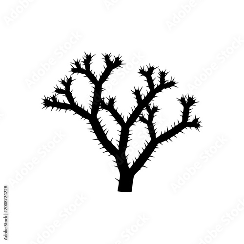 Silhouetted barren tree with jagged branches resembling a leafless shrub in stark contrast against plain white background for
