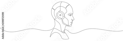 Artificial intelligence and digital technology. Humanoid face, line art. Continuous line drawing. Editable line.