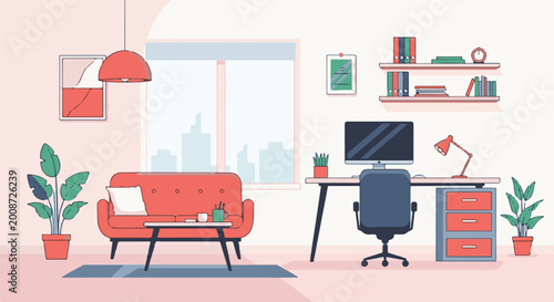 A cozy minimalist room with a red sofa, desk, and plants