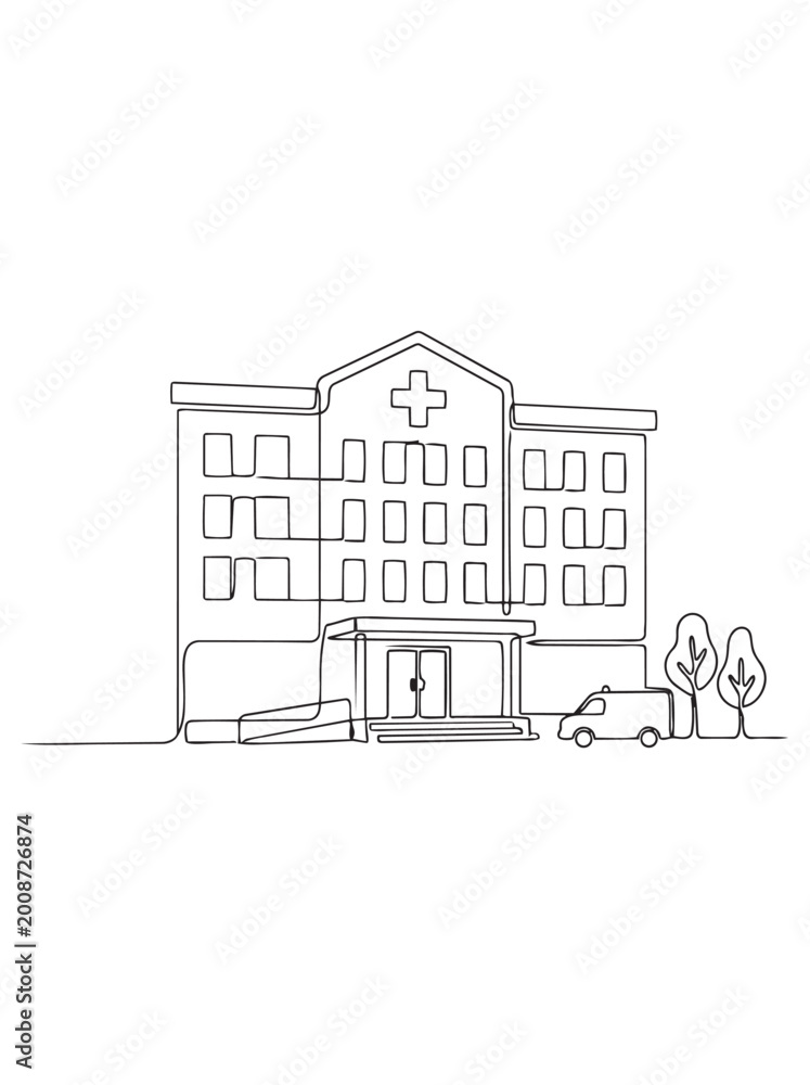 Fototapeta premium Hand-drawn hospital building with trees and entrance line art white background