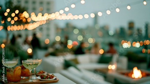 Evening rooftop scene with cocktails and soft string lights.