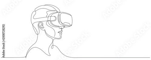 Young man wearing 3D or VR glasses, single line drawing, virtual reality player concept, vector illustration. Editable line art