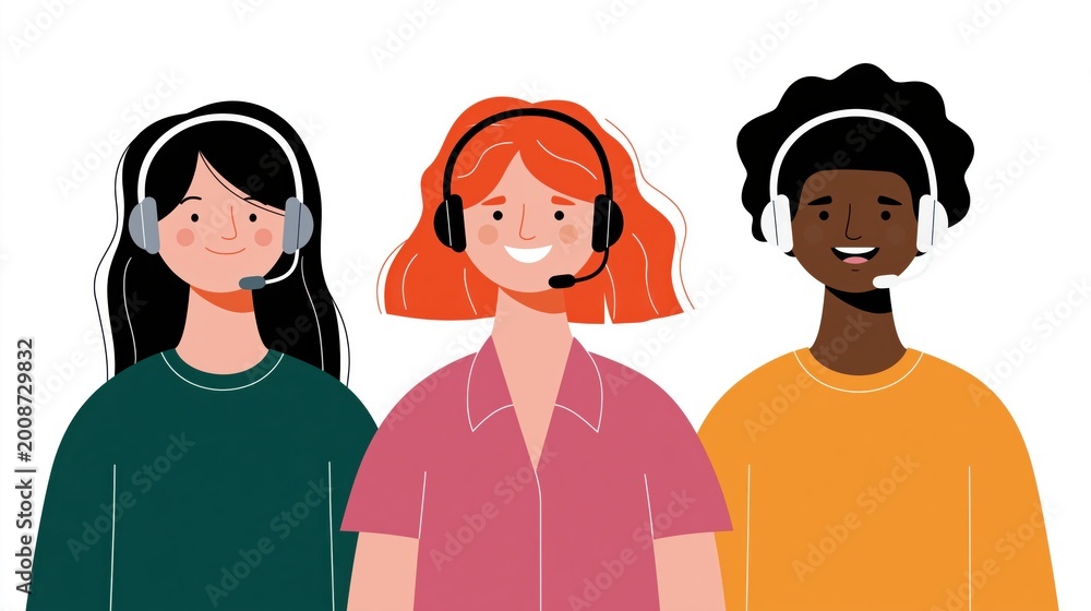 Obraz premium Illustration of three diverse customer service representatives wearing headsets, smiling and ready to assist.
