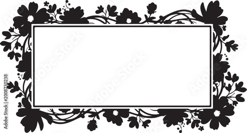 Black floral border frame, rectangular label, decorative flowers, vintage botanical ornament, empty text box