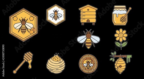 Set of flat featuring bees, honeycombs, beehives, honey jars, dippers, and flowers isolated on a black background
