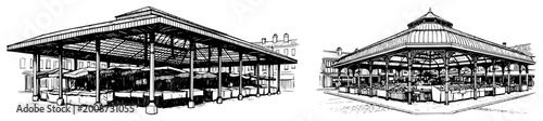 Fotografia Covered market pavilion structure with outdoor stalls in detailed black and whit