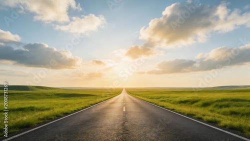 Empty road stretching through green fields