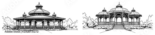 Photos Garden gazebo and park pavilion structure set in classic ink sketch style