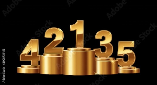 Shiny gold numbers one, two, three, four, and five standing on cylindrical podiums against a solid black background, 3 d render