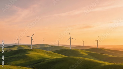 Wind turbines on rolling green hills