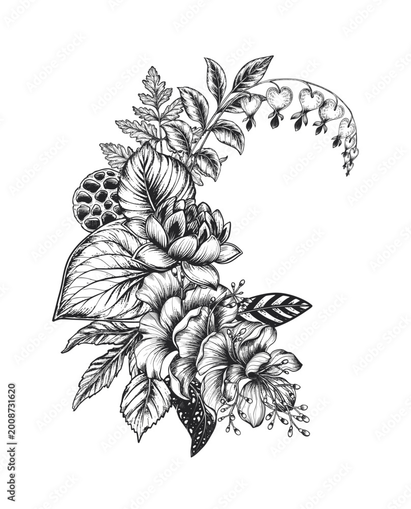 Obraz premium Beautiful hand drawn vector composition with black and white unusual blooming flowers on white background